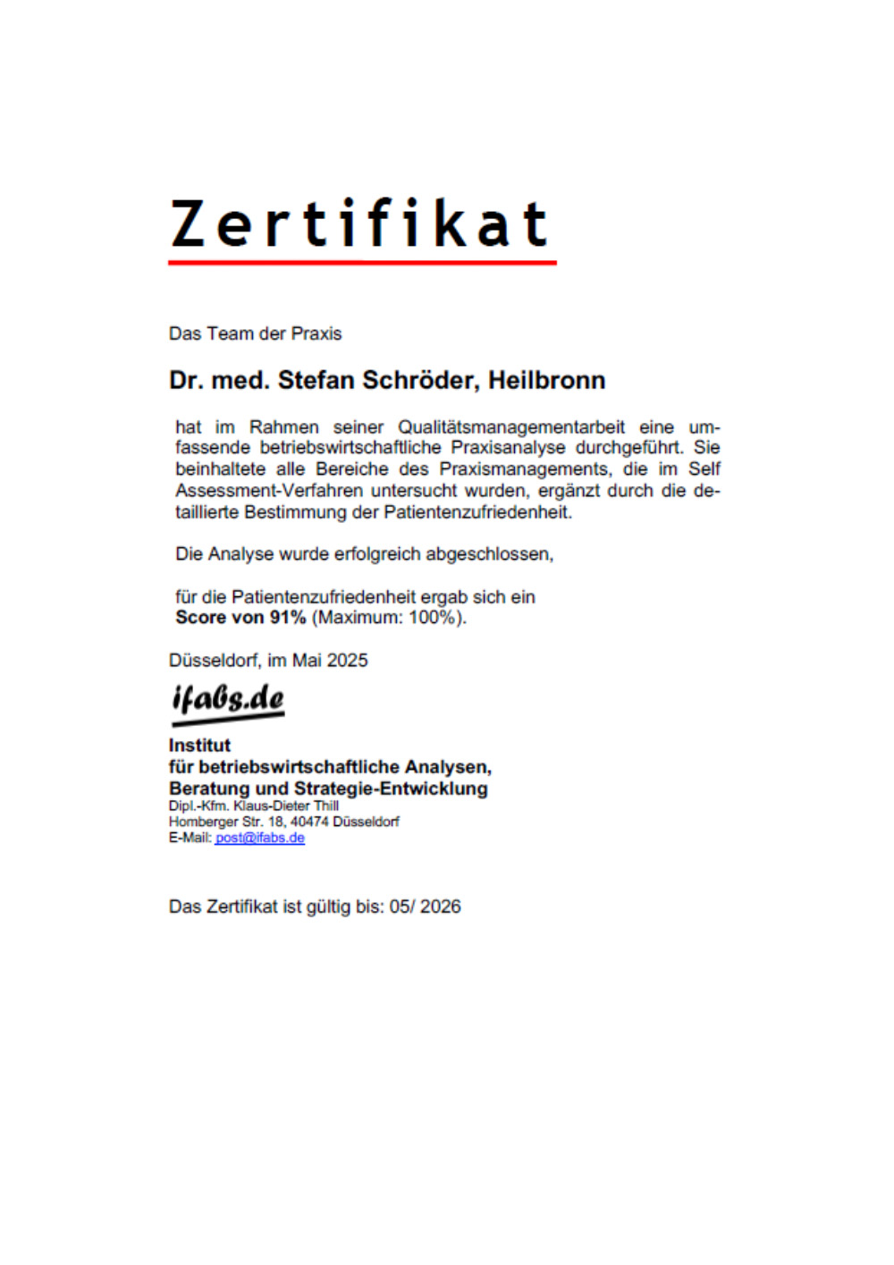 Zertifikat umfassende betriebswirtschaftliche Praxisanalyse